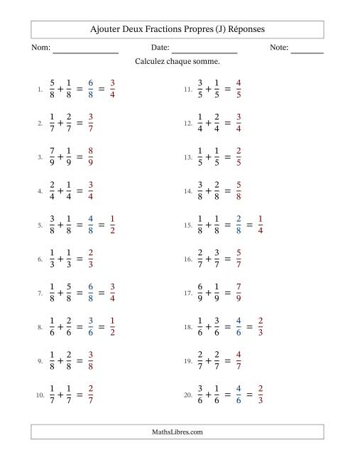 Ajouter deux fractions propres avec des dénominateurs égaux, résultats en fractions propres, et avec simplification dans quelques problèmes (J) page 2