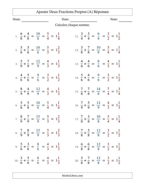 Ajouter deux fractions propres avec des dénominateurs égaux, résultats en fractions mixtes, et avec simplification dans tous les problèmes (A) page 2