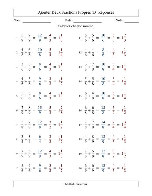 Ajouter deux fractions propres avec des dénominateurs égaux, résultats en fractions mixtes, et avec simplification dans tous les problèmes (D) page 2