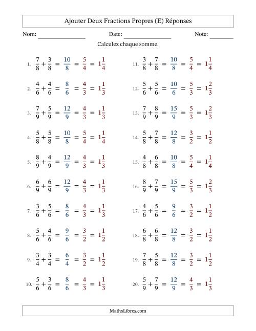 Ajouter deux fractions propres avec des dénominateurs égaux, résultats en fractions mixtes, et avec simplification dans tous les problèmes (E) page 2