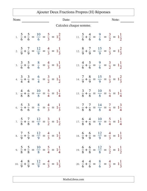 Ajouter deux fractions propres avec des dénominateurs égaux, résultats en fractions mixtes, et avec simplification dans tous les problèmes (H) page 2