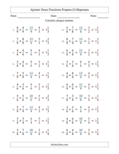 Ajouter deux fractions propres avec des dénominateurs égaux, résultats en fractions mixtes, et avec simplification dans tous les problèmes (I) page 2