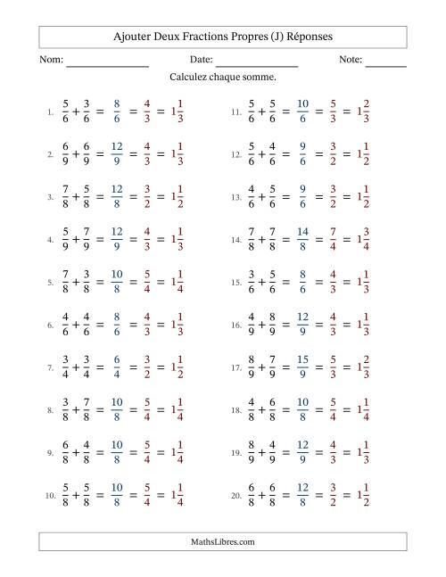 Ajouter deux fractions propres avec des dénominateurs égaux, résultats en fractions mixtes, et avec simplification dans tous les problèmes (J) page 2