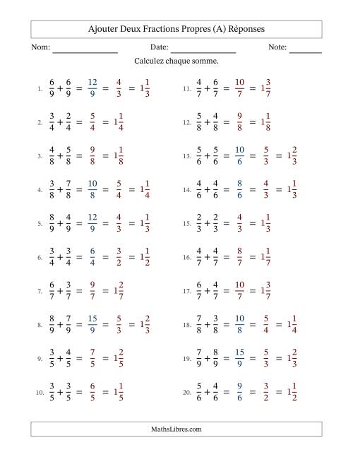 Ajouter deux fractions propres avec des dénominateurs égaux, résultats en fractions mixtes, et avec simplification dans quelques problèmes (A) page 2