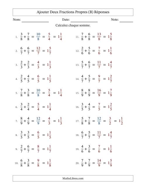 Ajouter deux fractions propres avec des dénominateurs égaux, résultats en fractions mixtes, et avec simplification dans quelques problèmes (B) page 2