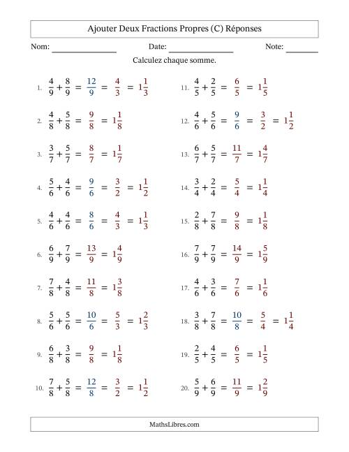 Ajouter deux fractions propres avec des dénominateurs égaux, résultats en fractions mixtes, et avec simplification dans quelques problèmes (C) page 2