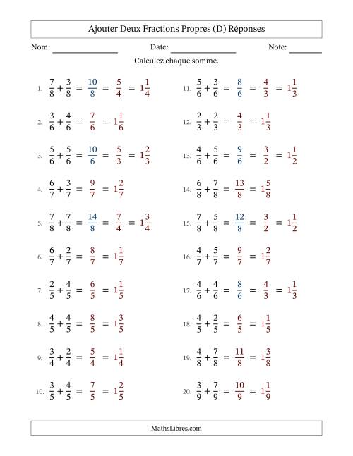 Ajouter deux fractions propres avec des dénominateurs égaux, résultats en fractions mixtes, et avec simplification dans quelques problèmes (D) page 2