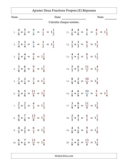 Ajouter deux fractions propres avec des dénominateurs égaux, résultats en fractions mixtes, et avec simplification dans quelques problèmes (E) page 2