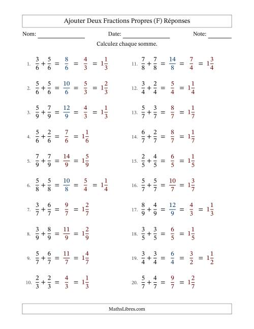 Ajouter deux fractions propres avec des dénominateurs égaux, résultats en fractions mixtes, et avec simplification dans quelques problèmes (F) page 2