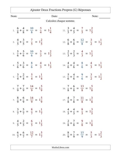 Ajouter deux fractions propres avec des dénominateurs égaux, résultats en fractions mixtes, et avec simplification dans quelques problèmes (G) page 2