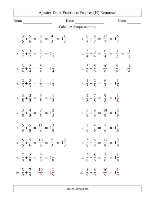Ajouter deux fractions propres avec des dénominateurs égaux, résultats en fractions mixtes, et avec simplification dans quelques problèmes (H) page 2