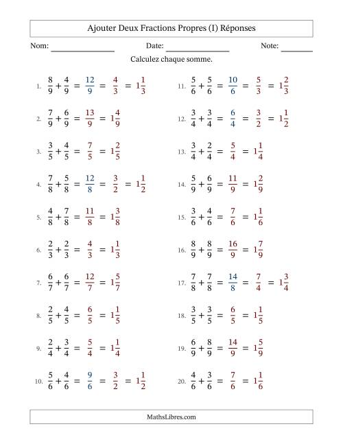 Ajouter deux fractions propres avec des dénominateurs égaux, résultats en fractions mixtes, et avec simplification dans quelques problèmes (I) page 2