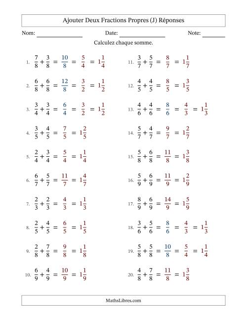 Ajouter deux fractions propres avec des dénominateurs égaux, résultats en fractions mixtes, et avec simplification dans quelques problèmes (J) page 2