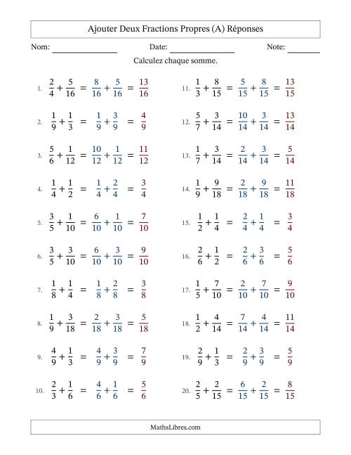 Ajouter deux fractions propres avec des dénominateurs similaires, résultats en fractions propres, et sans simplification (A) page 2