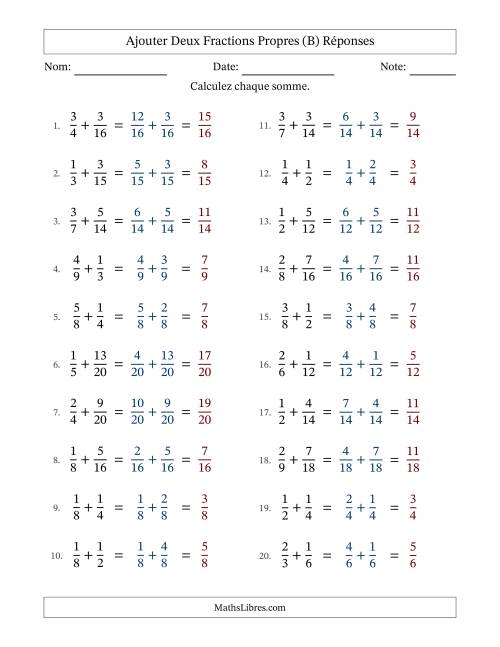 Ajouter deux fractions propres avec des dénominateurs similaires, résultats en fractions propres, et sans simplification (B) page 2