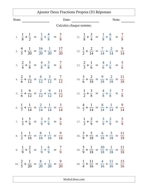 Ajouter deux fractions propres avec des dénominateurs similaires, résultats en fractions propres, et sans simplification (D) page 2
