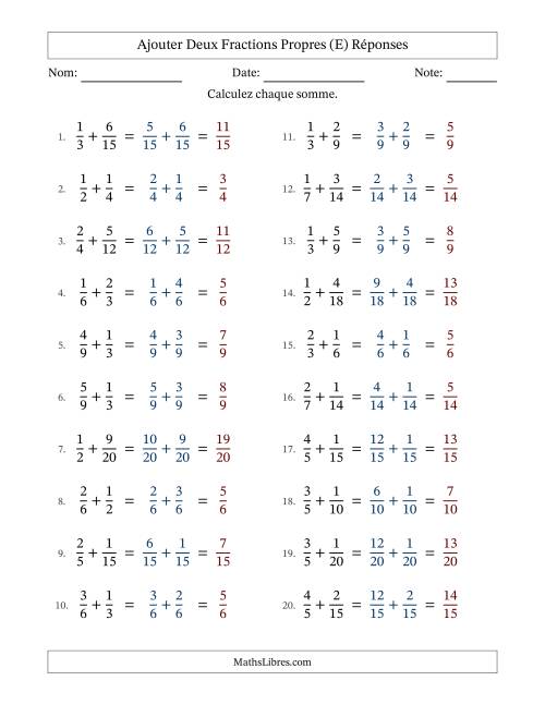 Ajouter deux fractions propres avec des dénominateurs similaires, résultats en fractions propres, et sans simplification (E) page 2