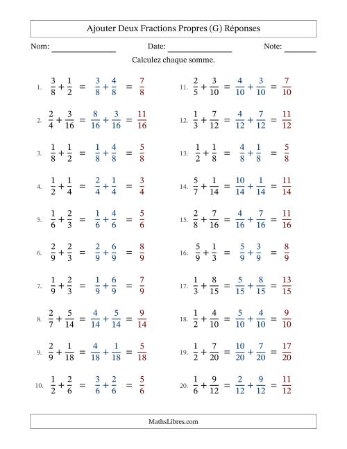 Ajouter deux fractions propres avec des dénominateurs similaires, résultats en fractions propres, et sans simplification (G) page 2