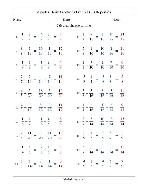 Ajouter deux fractions propres avec des dénominateurs similaires, résultats en fractions propres, et sans simplification (H) page 2
