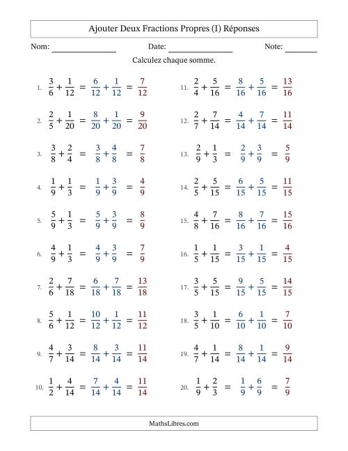Ajouter deux fractions propres avec des dénominateurs similaires, résultats en fractions propres, et sans simplification (I) page 2