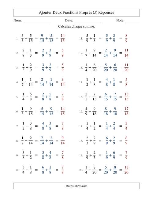 Ajouter deux fractions propres avec des dénominateurs similaires, résultats en fractions propres, et sans simplification (J) page 2