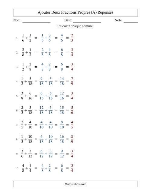 Ajouter deux fractions propres avec des dénominateurs similaires, résultats en fractions propres, et avec simplification dans tous les problèmes (A) page 2