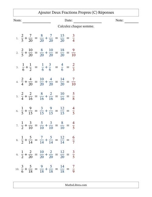 Ajouter deux fractions propres avec des dénominateurs similaires, résultats en fractions propres, et avec simplification dans tous les problèmes (C) page 2