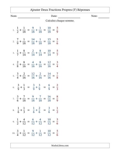 Ajouter deux fractions propres avec des dénominateurs similaires, résultats en fractions propres, et avec simplification dans tous les problèmes (F) page 2