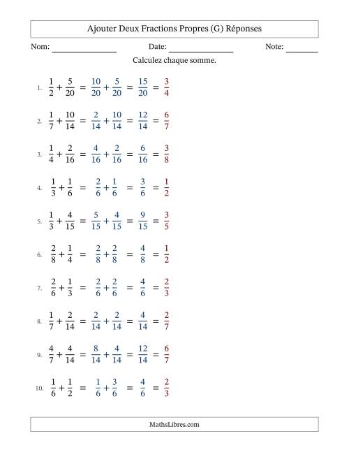 Ajouter deux fractions propres avec des dénominateurs similaires, résultats en fractions propres, et avec simplification dans tous les problèmes (G) page 2