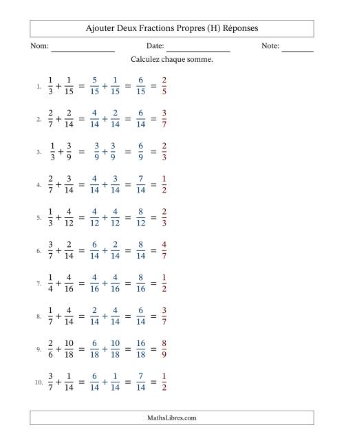 Ajouter deux fractions propres avec des dénominateurs similaires, résultats en fractions propres, et avec simplification dans tous les problèmes (H) page 2