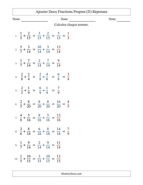 Ajouter deux fractions propres avec des dénominateurs similaires, résultats en fractions propres, et avec simplification dans quelques problèmes (D) page 2
