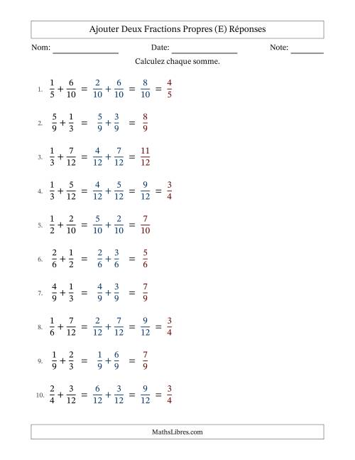 Ajouter deux fractions propres avec des dénominateurs similaires, résultats en fractions propres, et avec simplification dans quelques problèmes (E) page 2