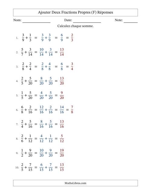 Ajouter deux fractions propres avec des dénominateurs similaires, résultats en fractions propres, et avec simplification dans quelques problèmes (F) page 2