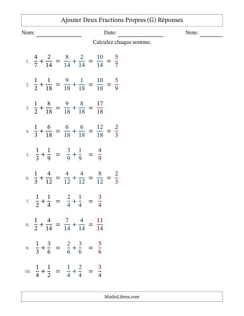 Ajouter deux fractions propres avec des dénominateurs similaires, résultats en fractions propres, et avec simplification dans quelques problèmes (G) page 2