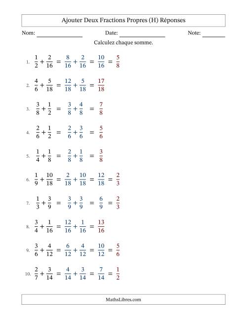 Ajouter deux fractions propres avec des dénominateurs similaires, résultats en fractions propres, et avec simplification dans quelques problèmes (H) page 2