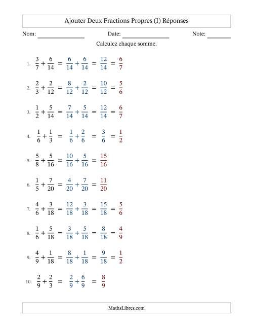 Ajouter deux fractions propres avec des dénominateurs similaires, résultats en fractions propres, et avec simplification dans quelques problèmes (I) page 2