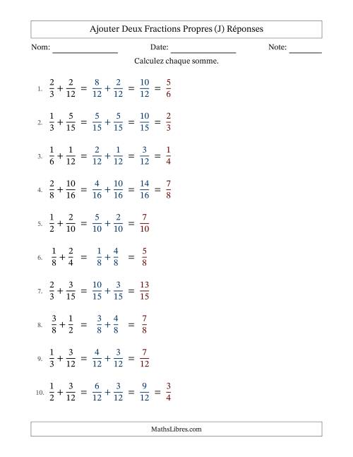 Ajouter deux fractions propres avec des dénominateurs similaires, résultats en fractions propres, et avec simplification dans quelques problèmes (J) page 2