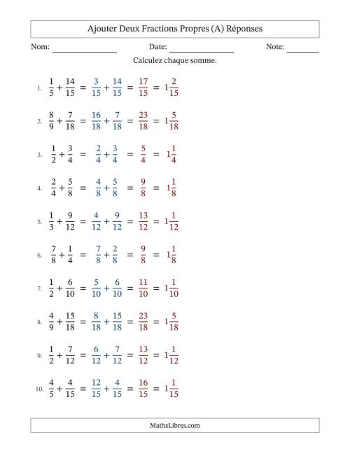 Ajouter deux fractions propres avec des dénominateurs similaires, résultats en fractions mixtes, et sans simplification (A) page 2