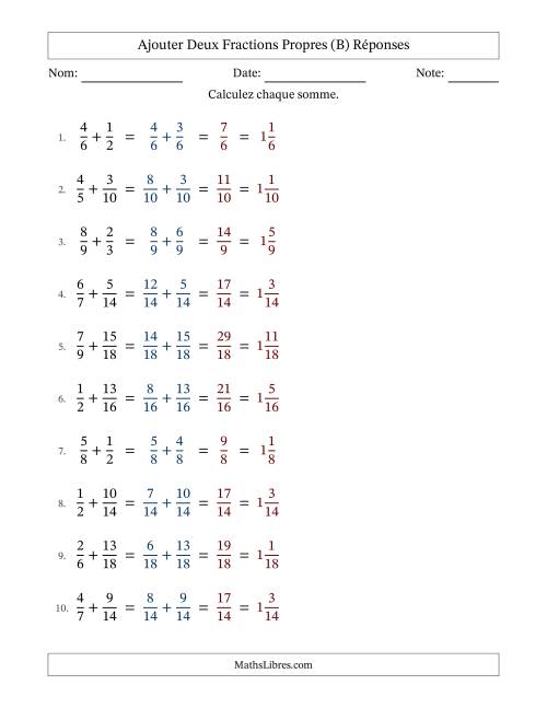 Ajouter deux fractions propres avec des dénominateurs similaires, résultats en fractions mixtes, et sans simplification (B) page 2