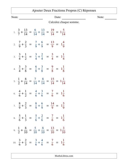 Ajouter deux fractions propres avec des dénominateurs similaires, résultats en fractions mixtes, et sans simplification (C) page 2