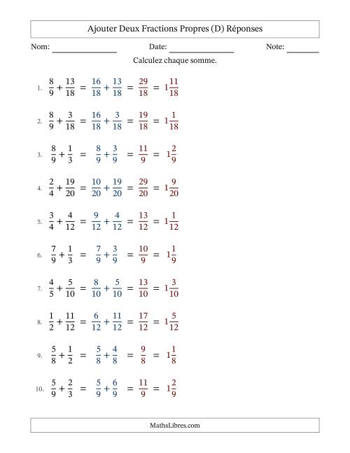 Ajouter deux fractions propres avec des dénominateurs similaires, résultats en fractions mixtes, et sans simplification (D) page 2