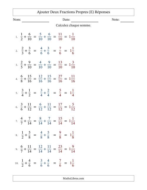 Ajouter deux fractions propres avec des dénominateurs similaires, résultats en fractions mixtes, et sans simplification (E) page 2