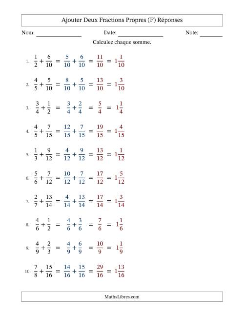 Ajouter deux fractions propres avec des dénominateurs similaires, résultats en fractions mixtes, et sans simplification (F) page 2