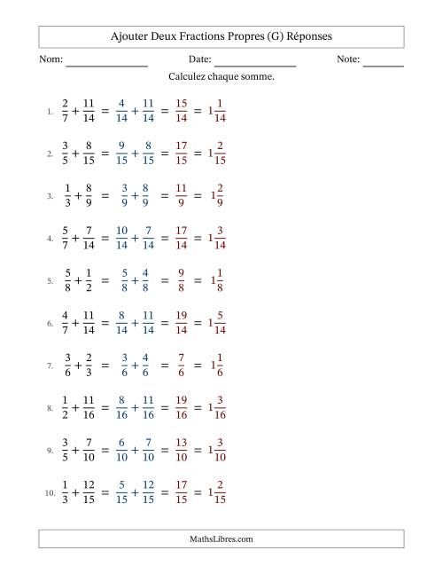 Ajouter deux fractions propres avec des dénominateurs similaires, résultats en fractions mixtes, et sans simplification (G) page 2