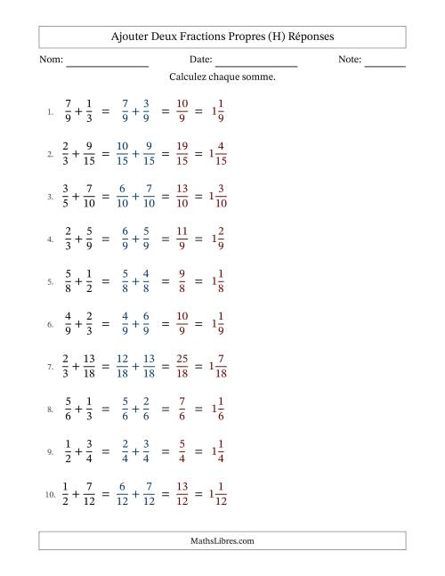 Ajouter deux fractions propres avec des dénominateurs similaires, résultats en fractions mixtes, et sans simplification (H) page 2