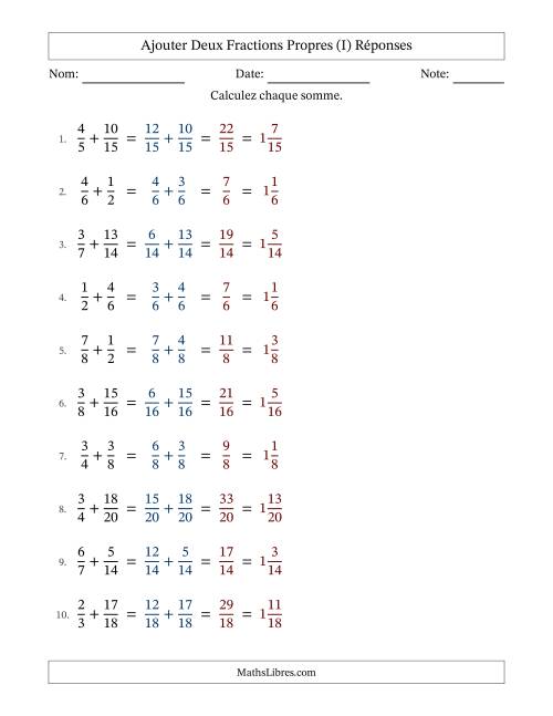 Ajouter deux fractions propres avec des dénominateurs similaires, résultats en fractions mixtes, et sans simplification (I) page 2