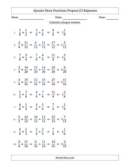 Ajouter deux fractions propres avec des dénominateurs similaires, résultats en fractions mixtes, et sans simplification (J) page 2