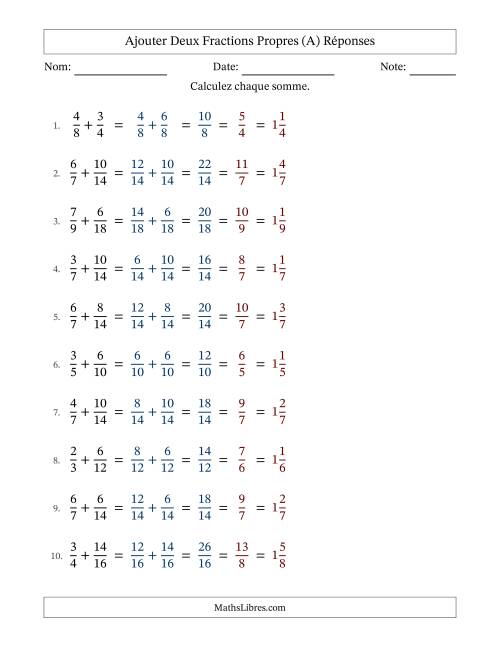 Ajouter deux fractions propres avec des dénominateurs similaires, résultats en fractions mixtes, et avec simplification dans tous les problèmes (A) page 2