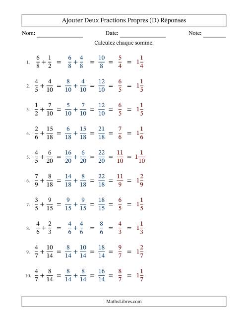 Ajouter deux fractions propres avec des dénominateurs similaires, résultats en fractions mixtes, et avec simplification dans tous les problèmes (D) page 2
