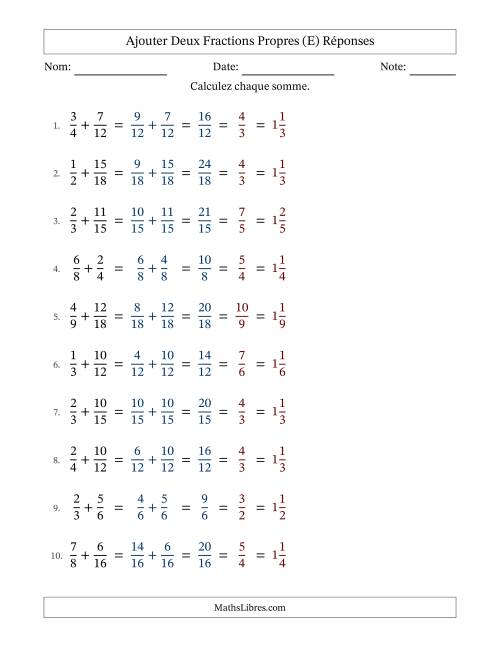 Ajouter deux fractions propres avec des dénominateurs similaires, résultats en fractions mixtes, et avec simplification dans tous les problèmes (E) page 2